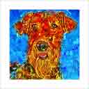 airedale red headshot pup art dog art and abstract dogs, pup art dog pop art prints, abstract dog paintings, abstract dog portraits, pop art pet portraits and dog gifts in colorful original pop art dog art and fine art dog prints by artists Jane Billman and Gregg Billman