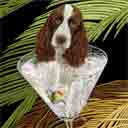 springer spaniel liver and white martini art dog art and martini dogs, pup art dog pop art prints, martini dog paintings, martini dog portraits, pop art pet portraits and dog gifts in colorful original pop art dog art and fine art dog prints by artists Jane Billman and Gregg Billman