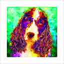 springer spaniel liver and white headshot pup art dog art and abstract dogs, pup art dog pop art prints, abstract dog paintings, abstract dog portraits, pop art pet portraits and dog gifts in colorful original pop art dog art and fine art dog prints by artists Jane Billman and Gregg Billman