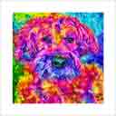 soft coated wheaton terrier headshot pup art dog art and abstract dogs, pup art dog pop art prints, abstract dog paintings, abstract dog portraits, pop art pet portraits and dog gifts in colorful original pop art dog art and fine art dog prints by artists Jane Billman and Gregg Billman