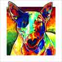 bull terrier marley colorful headshot pup art dog art and abstract dogs, pup art dog pop art prints, abstract dog paintings, abstract dog portraits, pop art pet portraits and dog gifts in colorful original pop art dog art and fine art dog prints by artists Jane Billman and Gregg Billman